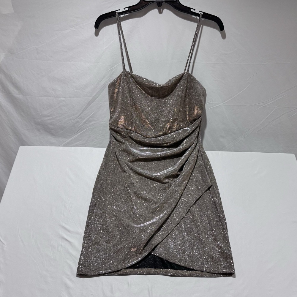 Windsor Sparkle Bliss Glitter Wrap Mini Dress Gold Shimmer Womens Size Large